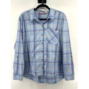 L.L.Bean Women's XL Petite Button Down Plaid Shirt Blue Orange Roll Tab Sleeves
